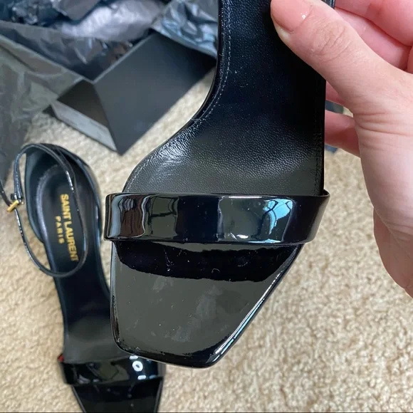 SAINT LAURENT BLACK PATENT VERNICE CHIFFON LEATHER HIGH HEEL SIZE 37 /7 - Picture 6 of 16